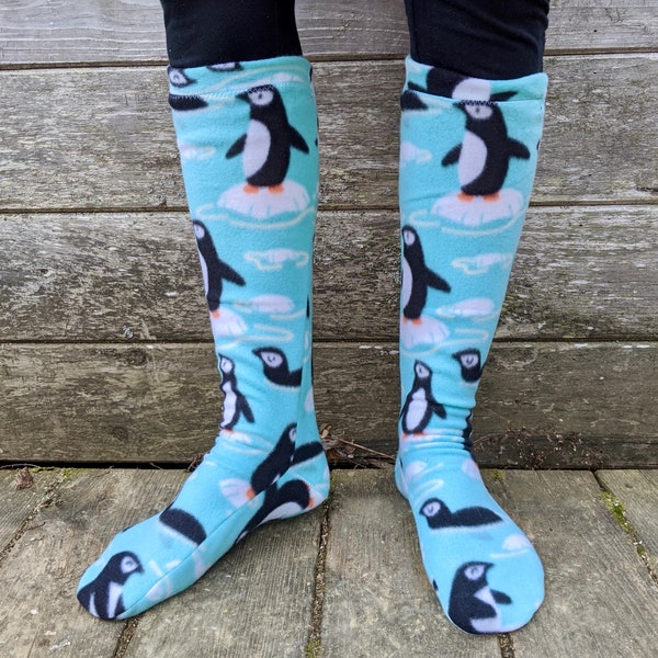 Women's polar fleece socks knee high warm fitted boot socks penguin gift for her stocking stuffer favorite fashion gift