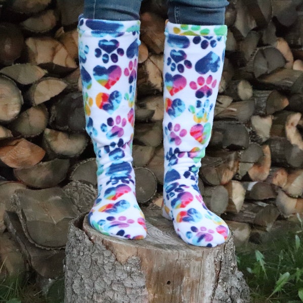 Women's polar fleece socks men's knee high warm fitted boot socks tie dye paw print and heart gift for her stocking stuffer favorite fashion