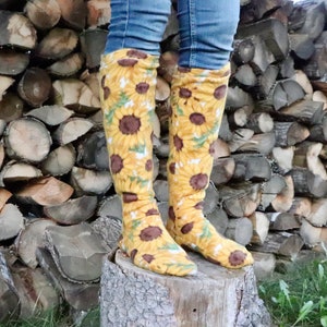 Women's polar fleece socks  men's knee high warm fitted boot socks fall sunflower gift for her autumn stocking stuffer favorite fashion