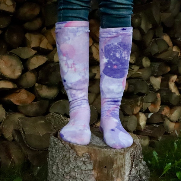 Women's polar fleece socks men's knee high warm fitted boot socks purple pink galaxy pastel gift for her stocking stuffer favorite fashion