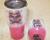 Pink Glitter sugar skull tumbler, personalized sugar skull, middle finger, skull, pink skull, girl skull