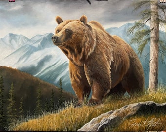 Big grizzly overlooking his domain, original oil painting 18x24 unframed, ready to be mailed out to its forever home.