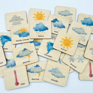 Cartes météo Montessori en bois assorties, activité d'école à la maison, jeu de mémoire météo bilingue français préscolaire maternelle pour tout-petits