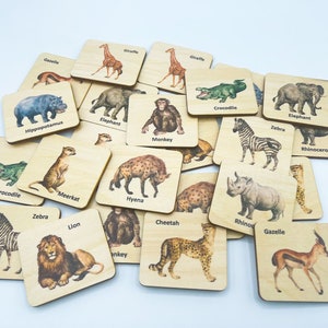 Montessori Wooden safari animals matching cards/ bilingual French Wood wild animals memory game