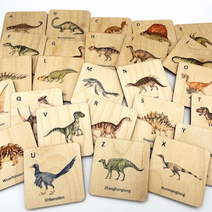 Cartes mémoire en bois de l’alphabet des dinosaures / Montessori Learning Activité sur les dinosaures / Tout-petits Enfants Amoureux des dinosaures Jouets / Animaux Cartes de l’alphabet