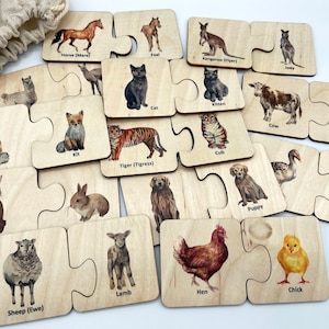 Casse-tête en bois Montessori, mère et bébés animaux, école à la maison, enfant en bas âge, animaux de la ferme, activité animaux de safari