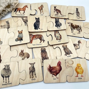 Wooden Montessori Mother Baby Animals Matching Puzzle, Homeschool Toddler Kids farm animals safari animals activity