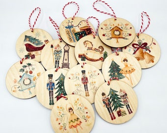 12 Wood Nutcracker Ornaments Set, Christmas nutcracker soldier wooden ornament, Holiday Nutcracker Decor, Xmas Ornament Tree decoration