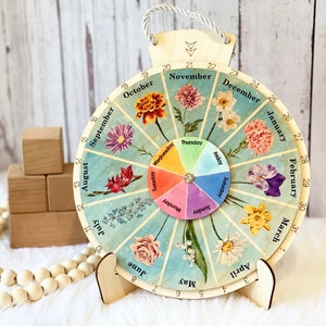 Wooden Wheel of the Year, Birth Flower Month Calendar, Wooden perpetual calendar, Season Flowers Calendar Decor, wheel of year wall hanging