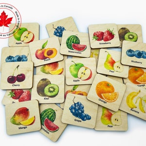 Wooden Montessori Fruits Memory Game/ Toddler Preschool Matching Cards/ bilingual French Homeschool Educational Toys For Kids image 1