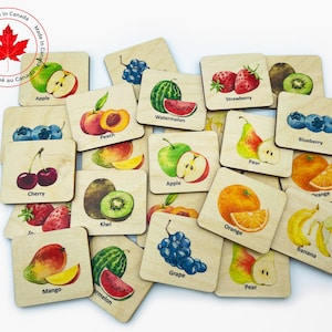 Wooden Montessori Fruits Memory Game/ Toddler Preschool Matching Cards/  bilingual French Homeschool Educational Toys For Kids