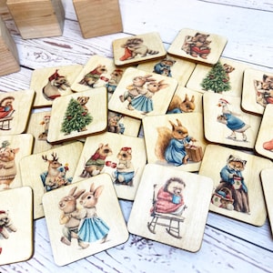 Jeu de mémoire en bois avec animaux de Noël / Lapin de Noël - Cartes assorties avec des animaux mignons / Cadeau de Noël pour tout-petits / Cadeau d'apprentissage de Noël pour enfants
