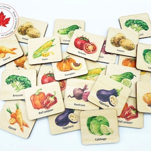 Montessori Wooden vegetables matching cards/Homeschool Kindergarten Preschool memory game activity/bilingual French Wood veggies memory game