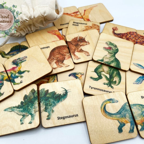 Montessori Wooden dinosaur puzzle game/ Homeschool Preschooler Kindergarten Kids dino matching cards activity