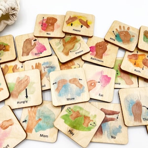 ASL Sign Language Hand Gestures/ 24 Toddler Baby Kids Learn Sign Language wooden cards/ Homeschool Classroom Learning Sign Language toys