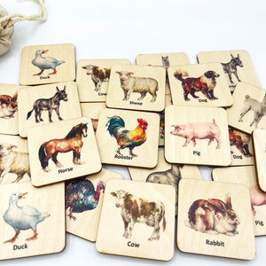Jeu de mémoire animaux de la ferme en bois, cartes assorties animaux Montessori/activité école à domicile bilingue français