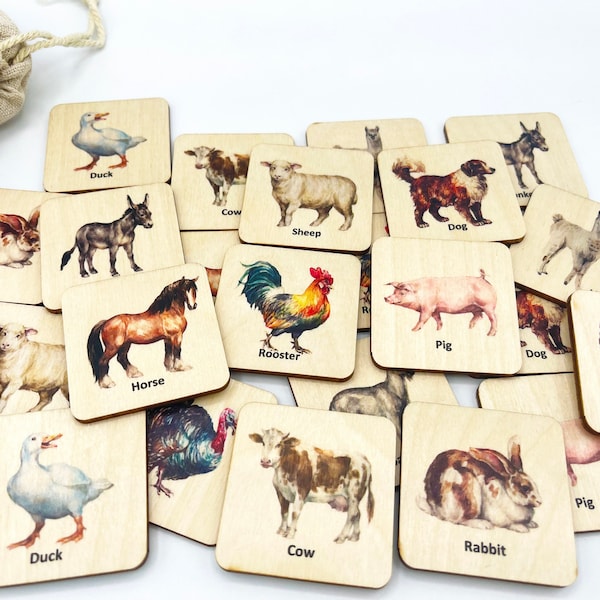 Wooden Farm Animals Memory Game, Montessori Animals Matching Cards/  bilingual French Homeschool activity