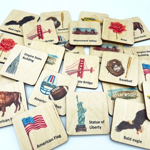 Wood USA Memroy Game/ Patriotic/ 4th of July Activity/ US Flag wooden matching cards/ Montessori toys for toddler kids/ Family fun game