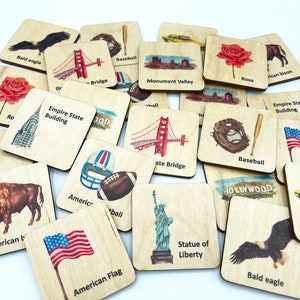 Wood USA Memroy Game/ Patriotique/ Activité du 4 juillet/ Cartes assorties en bois du drapeau américain/ Jouets Montessori pour les tout-petits/ Jeu amusant en famille