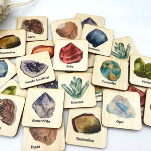 Pierres en bois, minéraux, pierres précieuses, jeu de mémoire, étude de la nature Montessori, étude de la géographie, matériel Montessori, activité pour enfants