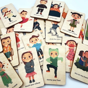 Ensemble de cartes d’action Montessori en bois / Apprentissage des tout-petits Verbes Cartes de communication / Enfants Bougez votre corps activité d’exercice
