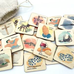 Jeu de mémoire en bois sur l'histoire de Pâques / Cartes assorties sur l'histoire de la semaine sainte / Histoire de la résurrection / Cadeau panier de Pâques / Activité de Carême / Histoire biblique de Pâques