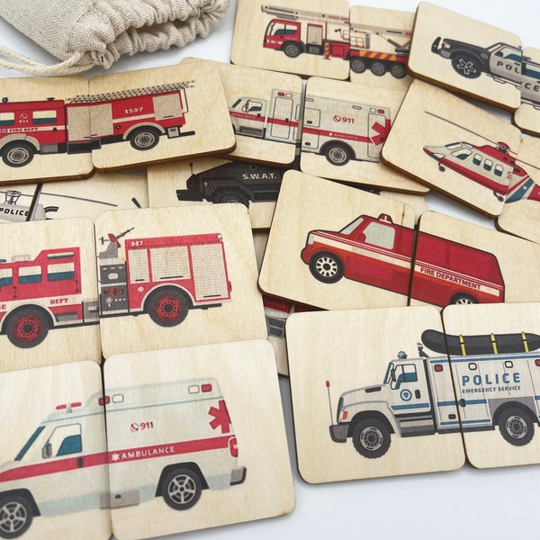 Wooden emergency vehicles firetruck police car ambulance puzzle game/ Montessori Homeschool Preschooler Kindergarten matching cards