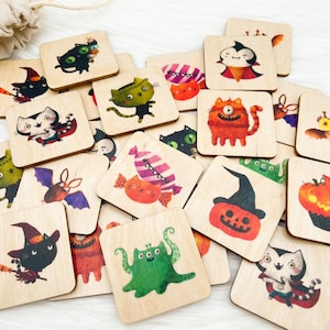 Jeu de mémoire en bois Halloween / Homeschool Preschooler Kindergarten Toddlers Matching Cards Activity