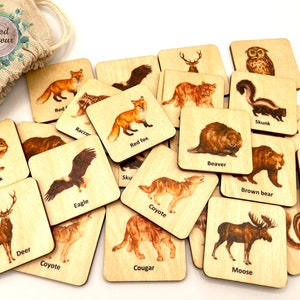 Animaux en bois Montessori d'Amérique du Nord/ Cartes assorties Animaux de la forêt/ Activité pour enfants à la maison/ Jeu de mémoire