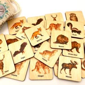 Montessori Wooden North America Animals/ Woodland Animals Matching Cards/ Homeschool  Kids activity/ Memory Game