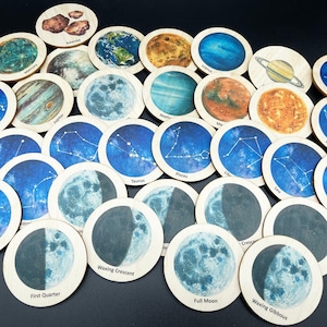 Jouet en bois du système solaire/ Phases de la lune/ Constellations/ Activité spatiale d'apprentissage pour les tout-petits/ Ensemble d'activités du système solaire Montessori/