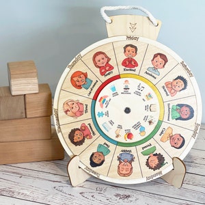Roue des émotions Montessori en bois/ tableau des émotions/ tableau des émotions des enfants/ école à la maison des tout-petits, des émotions d'apprentissage des enfants/ Roue du calendrier de l'année
