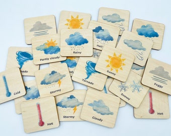 Montessori Wooden Weather Matching Cards, Homeschool activity,  bilingual French Preschool Kindergarten toddlers weather memory game