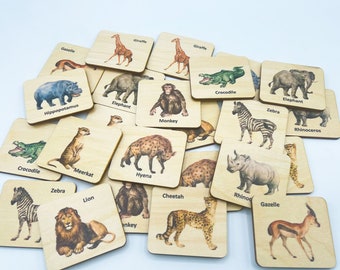 Montessori Wooden safari animals matching cards/ bilingual French Wood wild animals memory game