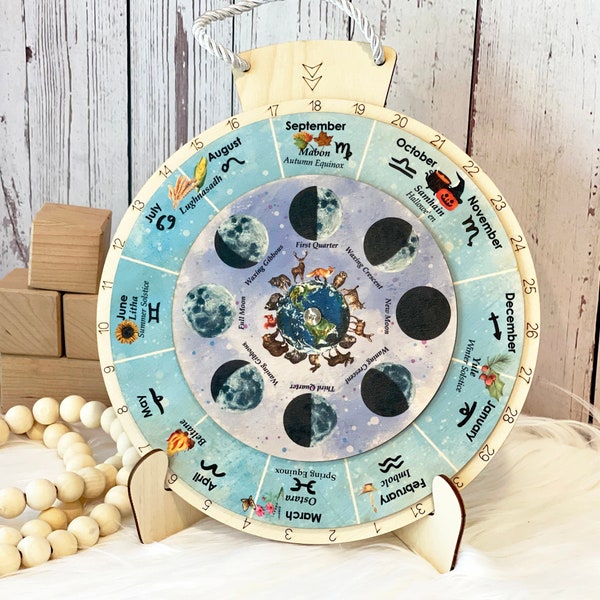 Wheel of the Year, Wooden perpetual calendar, Moon Phases Wheel, Lunar Calendar, Seasons wheel, Pagan Calendar board, Sabbat Wicca wheel