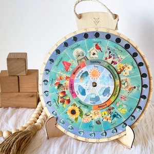 Wheel of the Year, Wooden Perpetual Calendar, Moon Phases Wheel, Waldorf Calendar, Wooden hanging Calendar, Wall Art