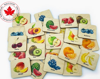 Wooden Montessori Fruits Memory Game/ Toddler Preschool Matching Cards/  bilingual French Homeschool Educational Toys For Kids