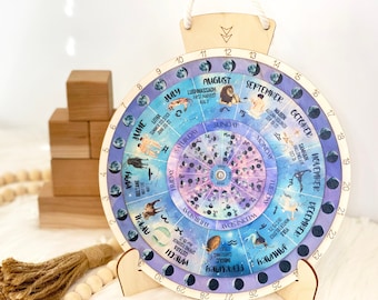 Wood 2024 and 2025 Lunar Calendar/ Wheel of the Year/ Astrology Calendar/ Pagan/ Wiccan Wheel of the year Calendar/ Moon cycles of the year