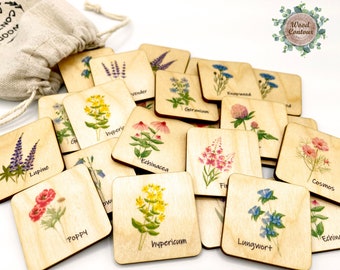 Montessori wooden wildflowers memory game/ matching cards/ Homeschool Preschool Kindergarten learn flowers activity/ nature study