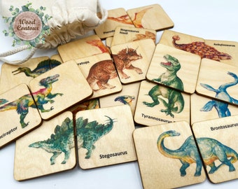 Montessori Wooden dinosaur puzzle game/ Homeschool Preschooler Kindergarten Kids dino matching cards activity