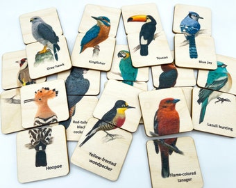 Montessori Wood Birds Puzzle game / Homeschool Preschool Kindergarten Bird animals matching cards