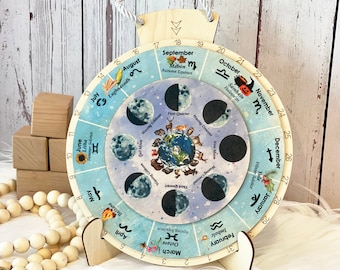 Wheel of the Year, Wooden perpetual calendar, Moon Phases Wheel, Lunar Calendar, Seasons wheel, Pagan Calendar board, Sabbat Wicca wheel