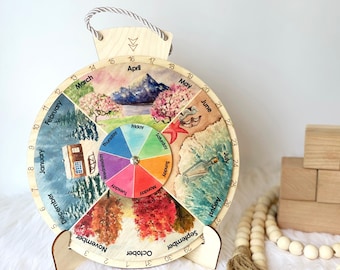 Wooden Wheel of the Year, Wooden perpetual calendar, Four Seasons Wheel, Wall Calendar, Learning Wheel