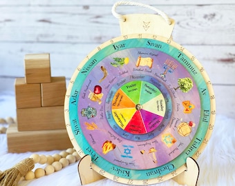 Wooden Jewish Calendar, Hebrew Calendar, Jewish Holidays Calendar, Hanukkah Calendar, Jewish Wall art, Wheel of the year, Perpetual Calendar