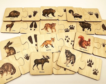 Montessori wooden woodland animals tracks puzzle/ Homeschool Kindergarten Preschooler kids forest animals matching puzzle