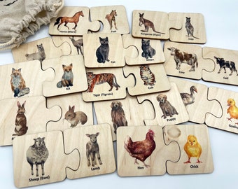 Wooden Montessori Mother Baby Animals Matching Puzzle, Homeschool Toddler Kids farm animals safari animals activity