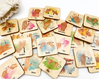 ASL Sign Language Hand Gestures/ 24 Toddler Baby Kids Learn Sign Language wooden cards/ Homeschool Classroom Learning Sign Language toys