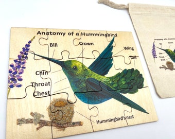 Montessori Hummingbird Anatomy Wooden Puzzle/ Homeschool Preschool Toddler Learning Birds Activity