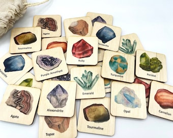 Wooden Rocks Minerals Gemstones Memory Game / Montessori Nature Study Matching Game/ Montessori Geography Study Materials/ activity for kids