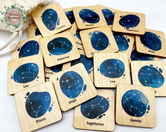 Montessori wooden constellation memory game / Constellations wood Flashcards / Montessori Homeschool Kindergarten Stars Space activity